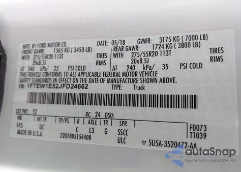 2018 Ford F-150 Xlt из США, поврежденный, VIN 1FTEW1E52JFD24662